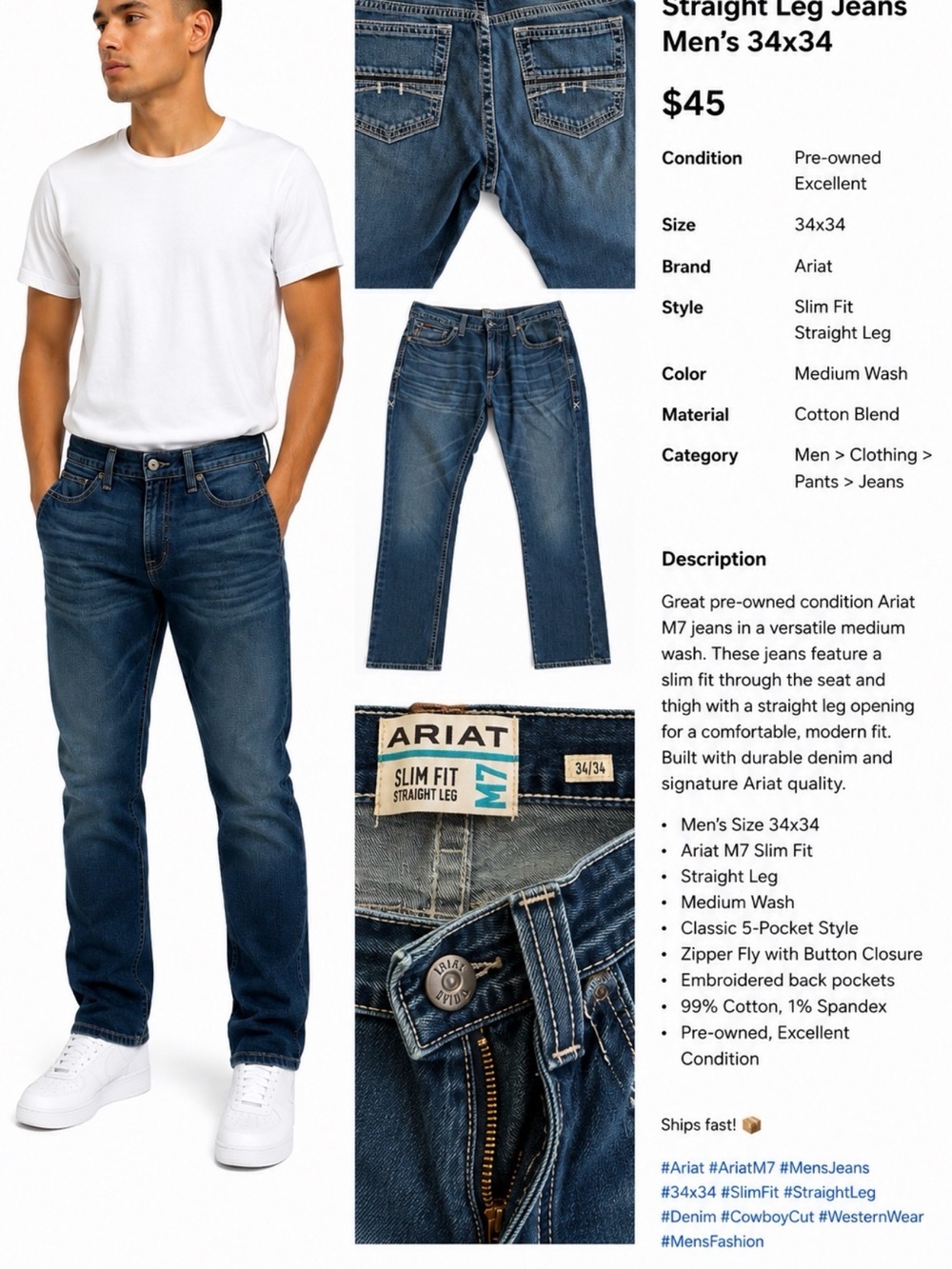 Ariat Slim Straight Men's Jeans in Medium Blue Wash